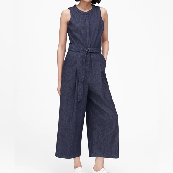 banana republic preppy Belted Denim dark wash wide leg cropped jumpsuit size 2 - Picture 1 of 11
